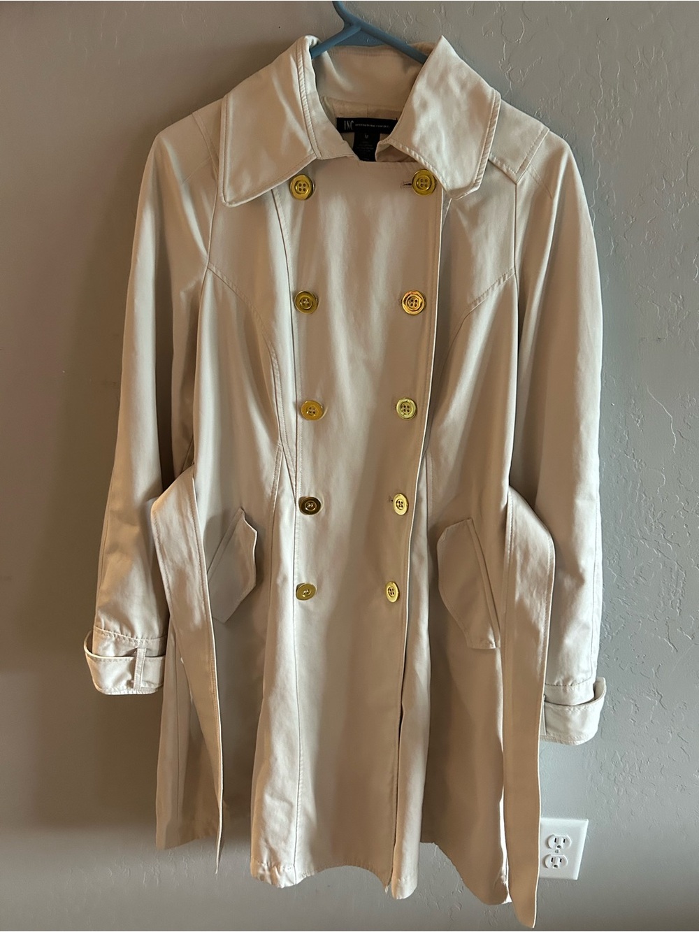 INC International Concepts Cream Double-Breasted Trench with Gold Buttons
